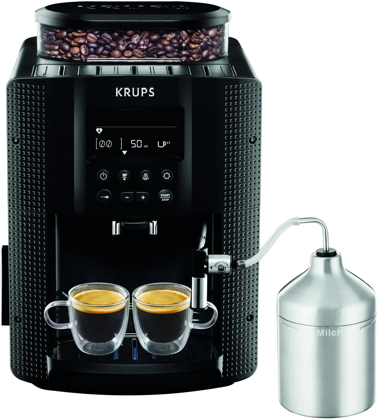 Krups Essential Kaffeevollautomat mit Milchschlauch, 2-Tassen-Funktion, LCD-Display, Einfache Reinigung, Kaffeemaschine, TÜV-Siegel, Schwarz, EA816031