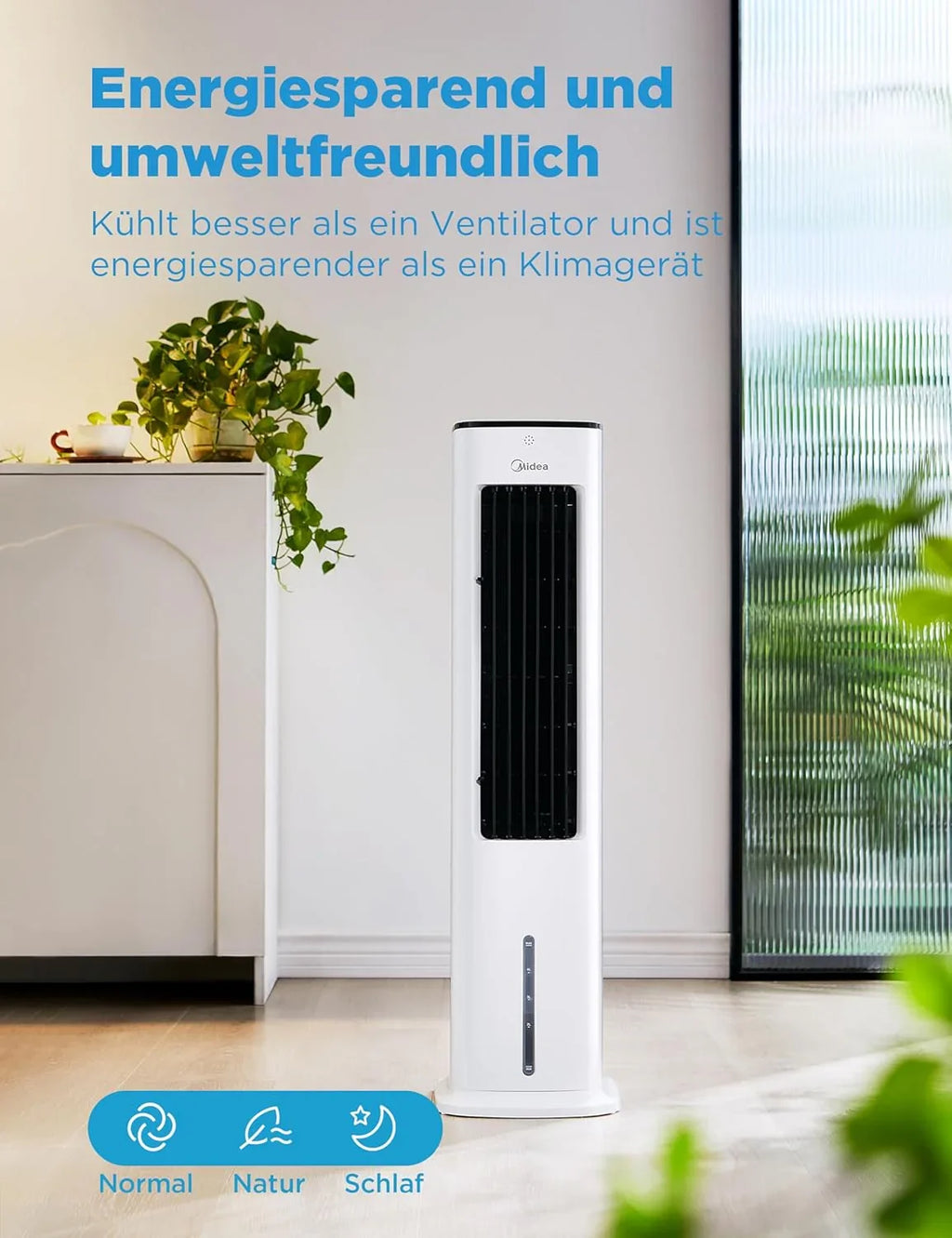 Midea Luftkühler mit Wasserkühlung, Klimaanlage Mobil, Ventilator mit 5L Wasserkühlung, Luftbefeuchter und Ionisation, Klimaanlage Ohne Abluftschlauch, 355m/h, Ventilator mit Fernbedienung,55W,Wei