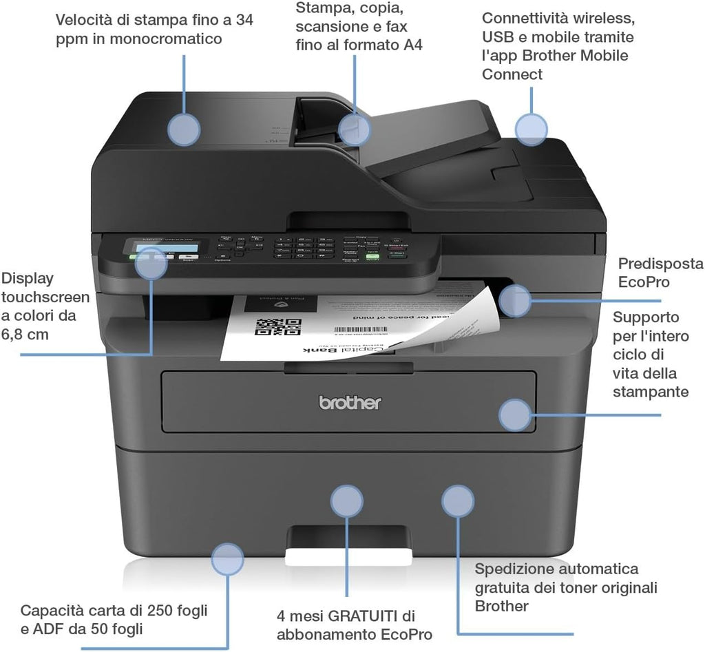 Brother MFC-L2860DWE 4-in-1-Multifunktions-Laserdrucker, 34 ppm, Duplexdruck, 6,8 cm Touchscreen-Farbdisplay, Fast Ethernet, WLAN mit 5 GHz und USB 2.0