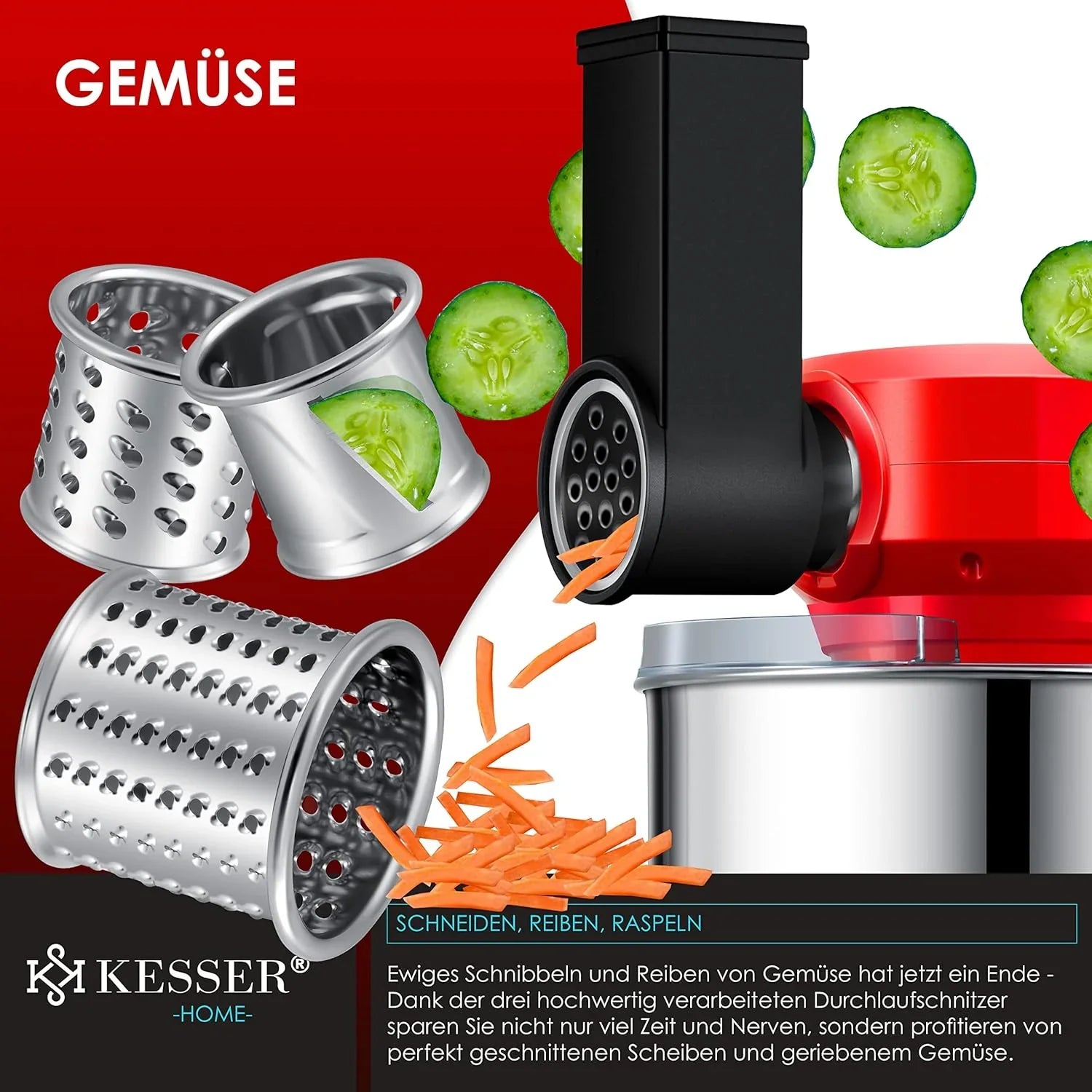 KESSER® 3 in 1 Universal Küchenmaschine K-KM 3000 mit Fleischwolf Knetmaschine Multifunktionale Rührmaschine 5,5L Schüssel mit 3 Rührwerkzeuge, 1,5L Entsafter, Zubehör-Set, Pasta & Gebäckformen