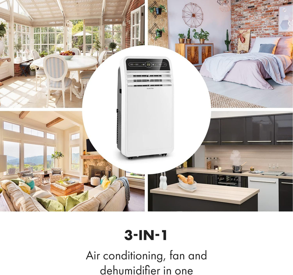 Klarstein Mobile Klimaanlage mit Abluftschlauch, 4-in-1 Klimagerät mit Ventilator, Luftentfeuchter & Nachtmodus, Kleine & Portable Klimaanlage für Wohnung & Büro, App-Steuerung, 12000 BTU