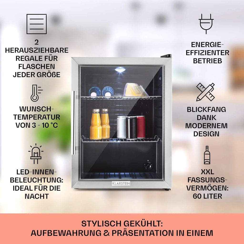 Klarstein Mini Kühlschrank mit Glastür für Zimmer, Getrnkekühlschrank mit Verstellbaren Ablagen, Kleiner 80 Liter, Indoor/Outdoor Kühlschrank Leise