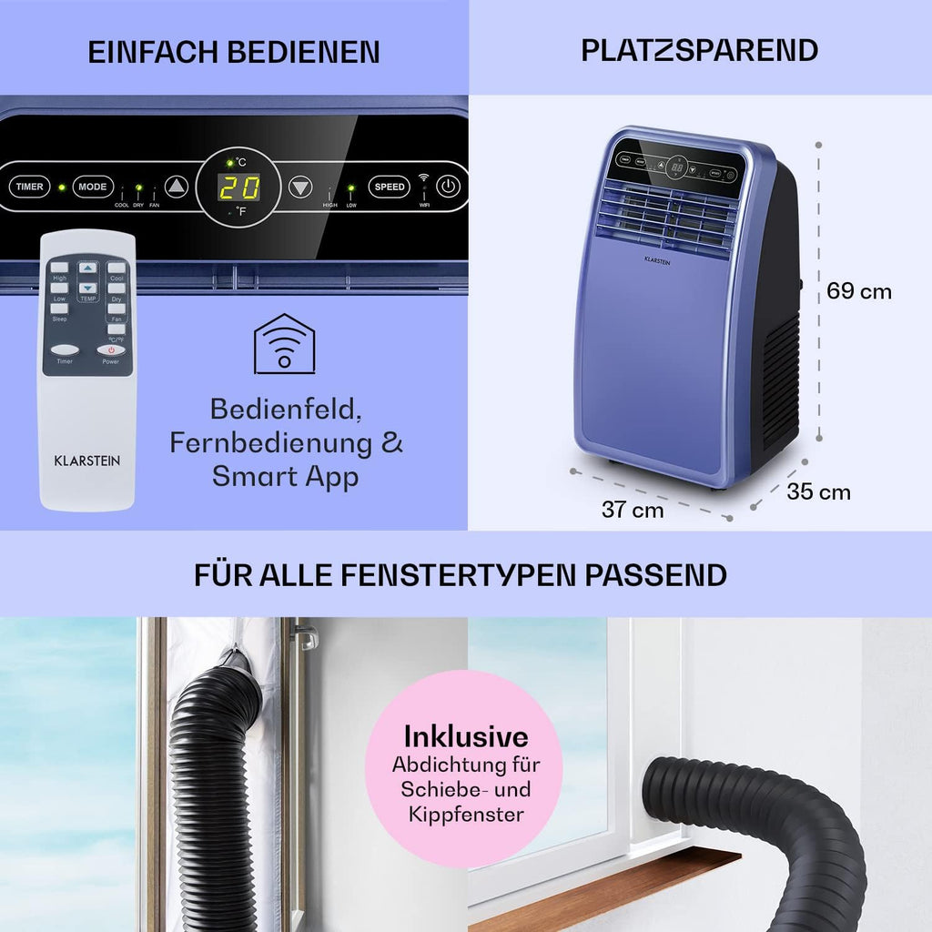 Klarstein Mobile Klimaanlage mit Abluftschlauch, 4-in-1 Klimagerät mit Ventilator, Luftentfeuchter & Nachtmodus, Kleine & Portable Klimaanlage für Wohnung & Büro, App-Steuerung, 12000 BTU