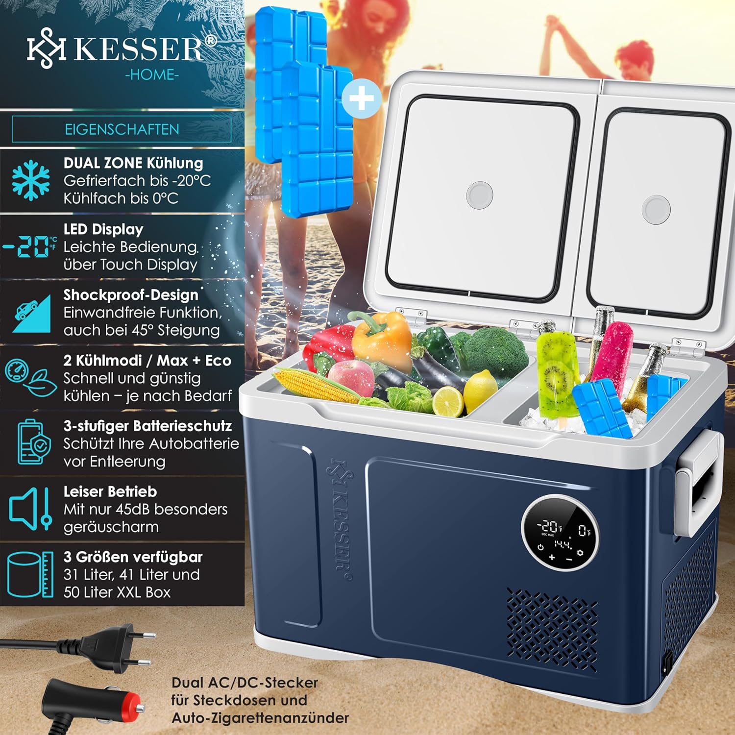 KESSER Kompressor Kühlbox 2in1 Doppelzone Kühl & Gefrierfach elektrische Gefrierbox mit 2x Kühlakkus & LED-Touch-Bedienung | Kühlschrank Kühlung bis -20 °C für Camping, Auto, Lkw 12/24V 230V