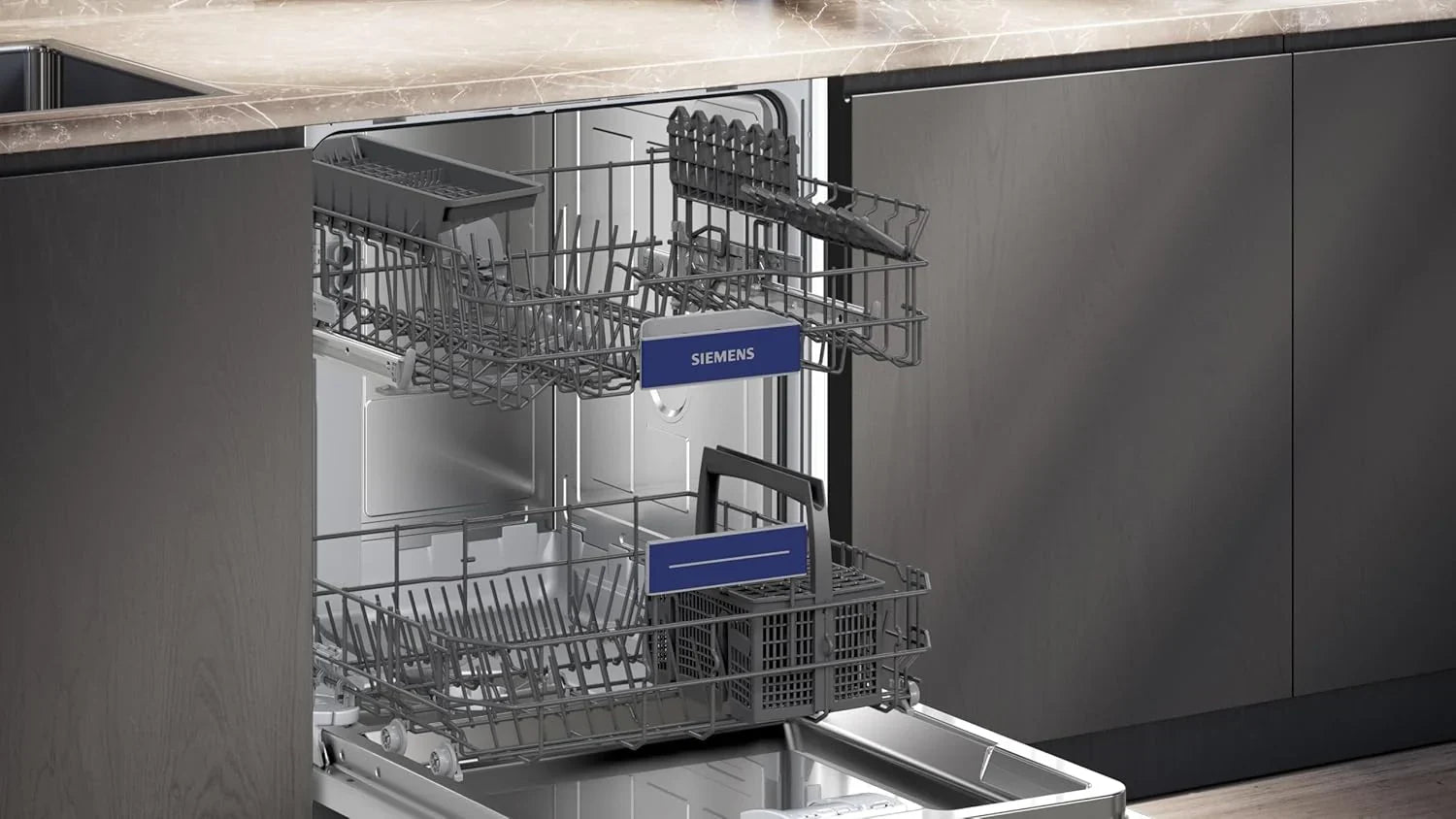 Siemens SN63EX06VE, iQ300 Smarter Geschirrspüler, Vollintegrierte Spülmaschine, 60 cm, Besteckschublade, Extra leise, varioSpeed, Automatische Türöffnung, Dreifach rackMatic, infoLight, intesiveZone