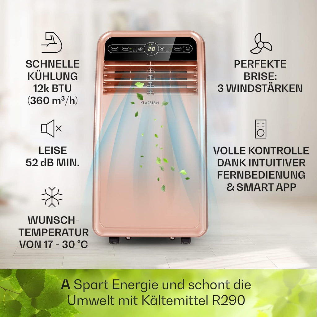 Klarstein Mobile Klimaanlage mit Abluftschlauch, 4-in-1 Klimagerät mit Ventilator, Luftentfeuchter & Nachtmodus, Kleine & Portable Klimaanlage für Wohnung & Büro, App-Steuerung, 12000 BTU