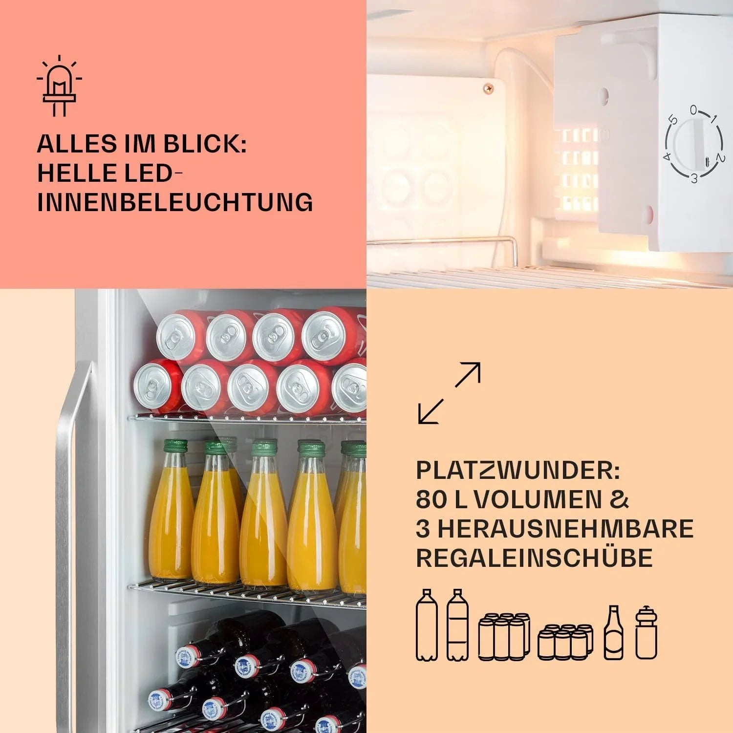 Klarstein Mini Kühlschrank mit Glastür für Zimmer, Getrnkekühlschrank mit Verstellbaren Ablagen, Kleiner 80 Liter, Indoor/Outdoor Kühlschrank Leise