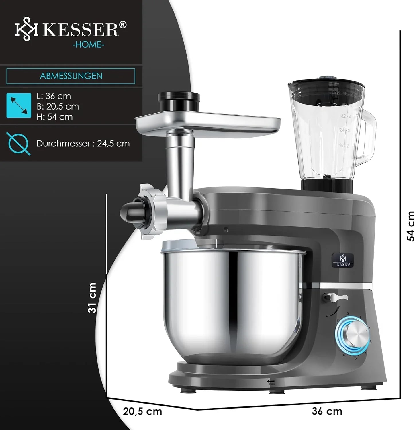 KESSER® 3 in 1 Universal Küchenmaschine K-KM 3000 mit Fleischwolf Knetmaschine Multifunktionale Rührmaschine 5,5L Schüssel mit 3 Rührwerkzeuge, 1,5L Entsafter, Zubehör-Set, Pasta & Gebäckformen