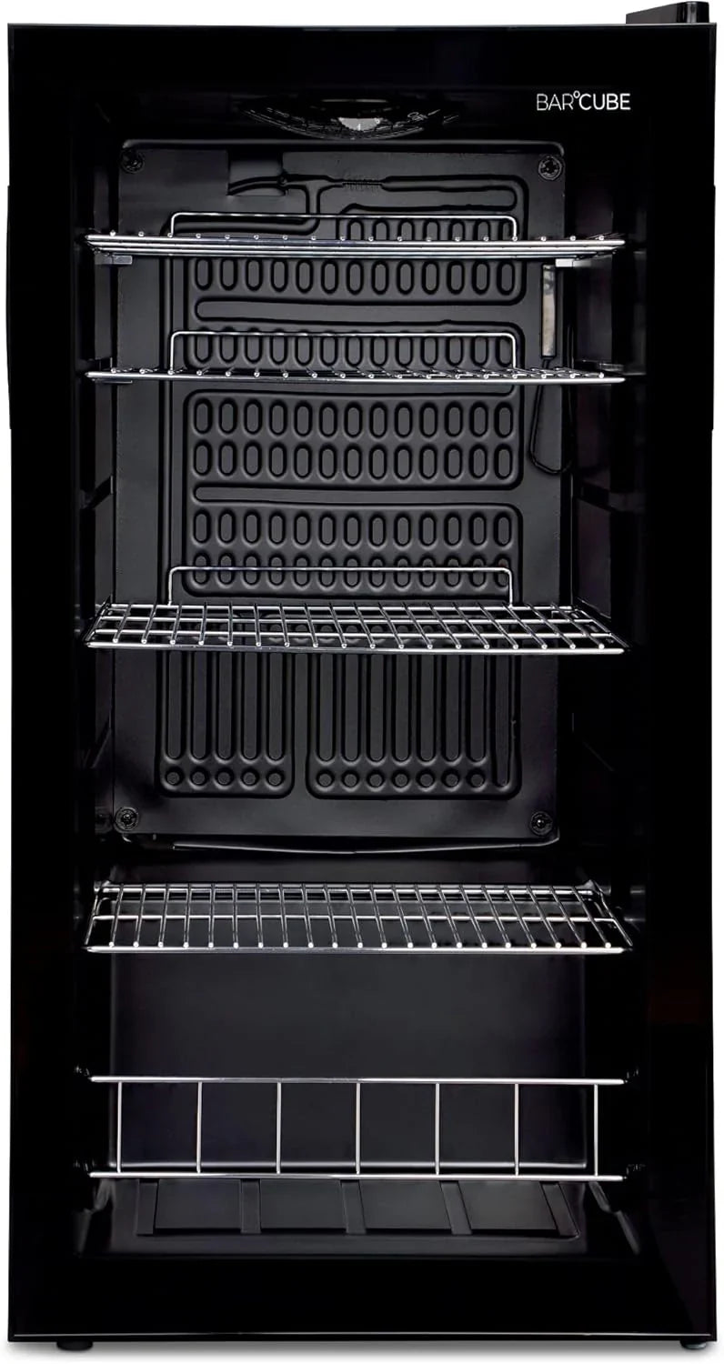 °CUBES Getränkekühlschrank 90L mit Glastür & 4 variablen Ablagen | Kompakter Flaschenkühlschrank, perfekt für zu Hause, Büro, Partys & Gastro | Stilvoller Kühlschrank mit Glastür, schwarz