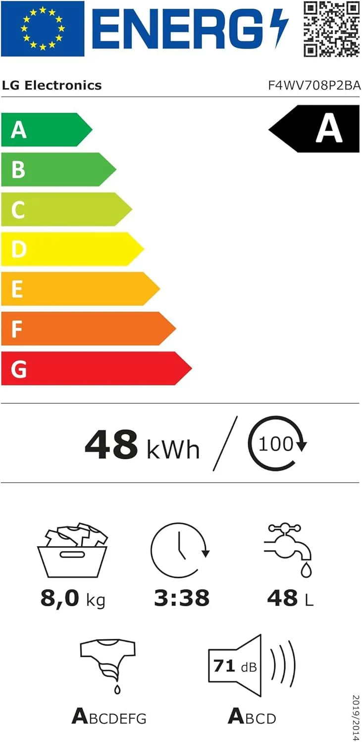 LG F4WV7080, Klasse A, Frontlader-Waschmaschine 8 kg, 1400 U/Min, AI Direct Drive, Wi-Fi, Tiefenreinigung mit Dampf, Groe Kapazitt, TRIPLE A, Auentür aus Sicherheitsglas, 62 x 60 x 85 cm  Wei
