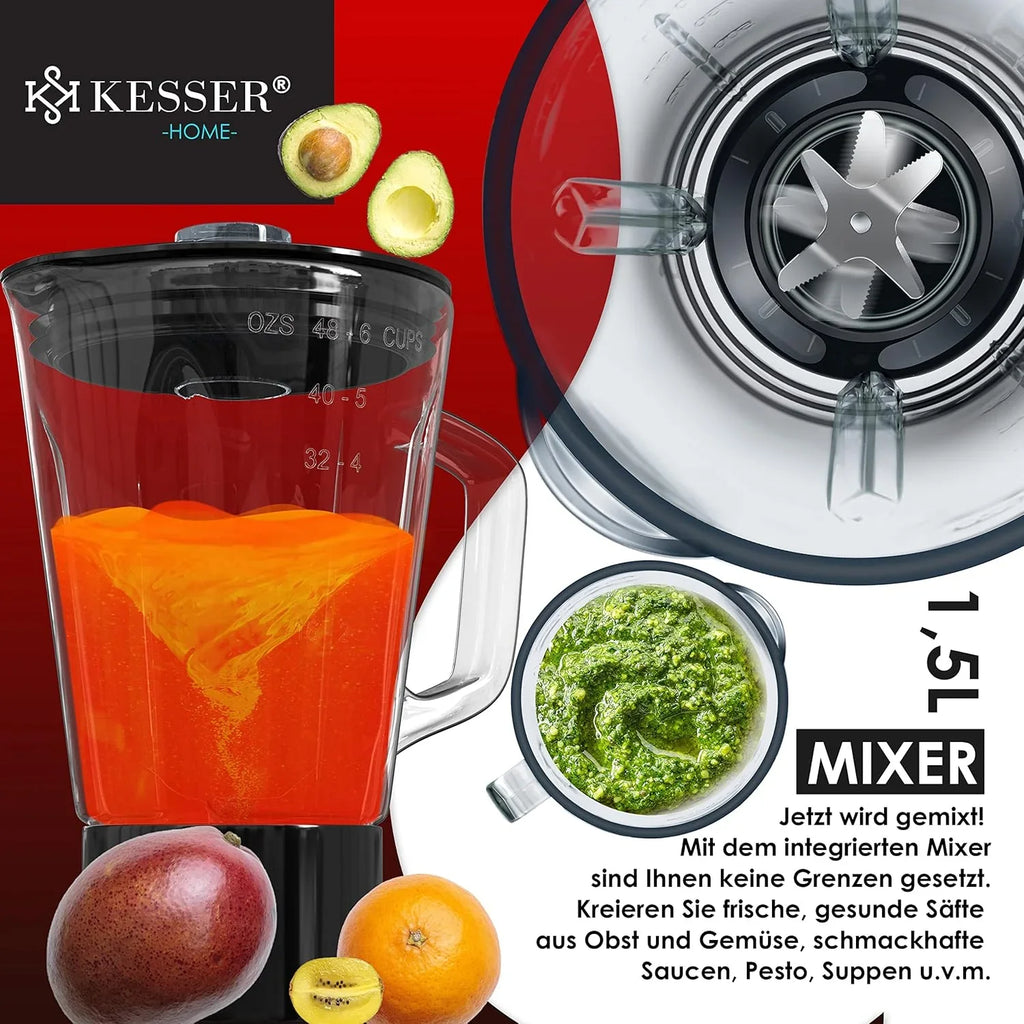 KESSER® 3 in 1 Universal Küchenmaschine K-KM 3000 mit Fleischwolf Knetmaschine Multifunktionale Rührmaschine 5,5L Schüssel mit 3 Rührwerkzeuge, 1,5L Entsafter, Zubehör-Set, Pasta & Gebäckformen