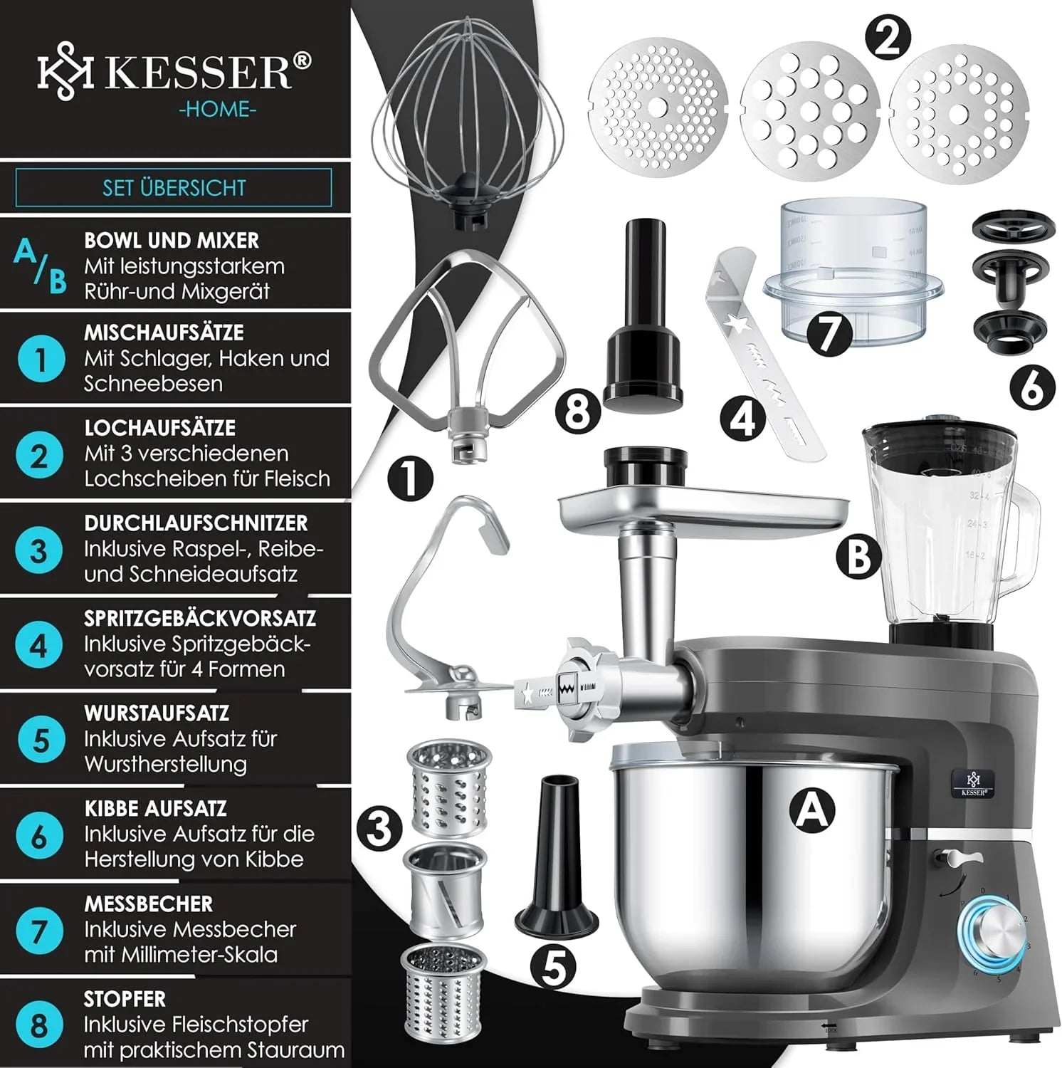 KESSER® 3 in 1 Universal Küchenmaschine K-KM 3000 mit Fleischwolf Knetmaschine Multifunktionale Rührmaschine 5,5L Schüssel mit 3 Rührwerkzeuge, 1,5L Entsafter, Zubehör-Set, Pasta & Gebäckformen