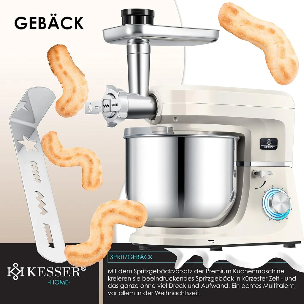 KESSER® 3 in 1 Universal Küchenmaschine K-KM 3000 mit Fleischwolf Knetmaschine Multifunktionale Rührmaschine 5,5L Schüssel mit 3 Rührwerkzeuge, 1,5L Entsafter, Zubehör-Set, Pasta & Gebäckformen