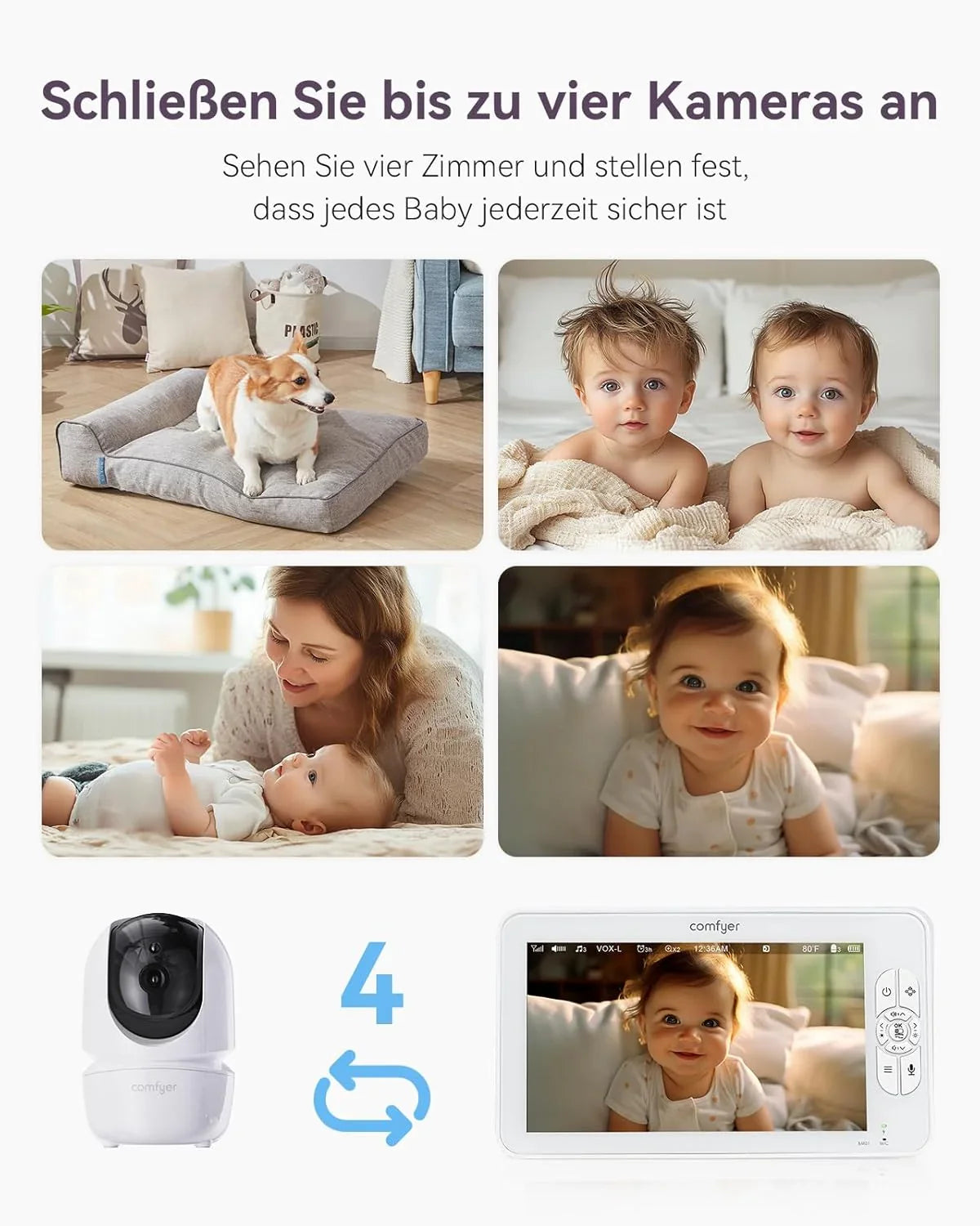 Comfyer Split-Screen Babyphone mit 2 Kameras, 7 HD 720P Video Babyphone ohne WLAN mit Halterung, IR-Nachtsicht Weitwinkelobjektiv Vox-Modus 2-Wege-Audio 960 Fuß Reichweite Videoüberwachungsgeräte