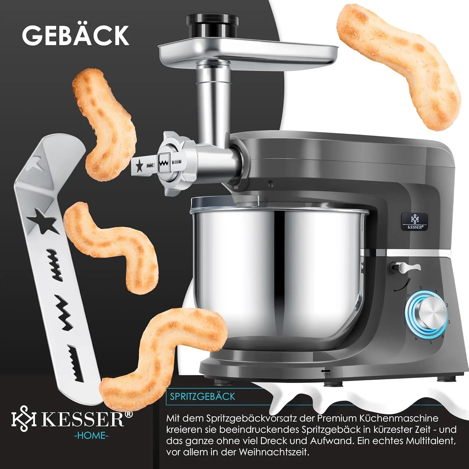 KESSER® 3 in 1 Universal Küchenmaschine K-KM 3000 mit Fleischwolf Knetmaschine Multifunktionale Rührmaschine 5,5L Schüssel mit 3 Rührwerkzeuge, 1,5L Entsafter, Zubehör-Set, Pasta & Gebäckformen