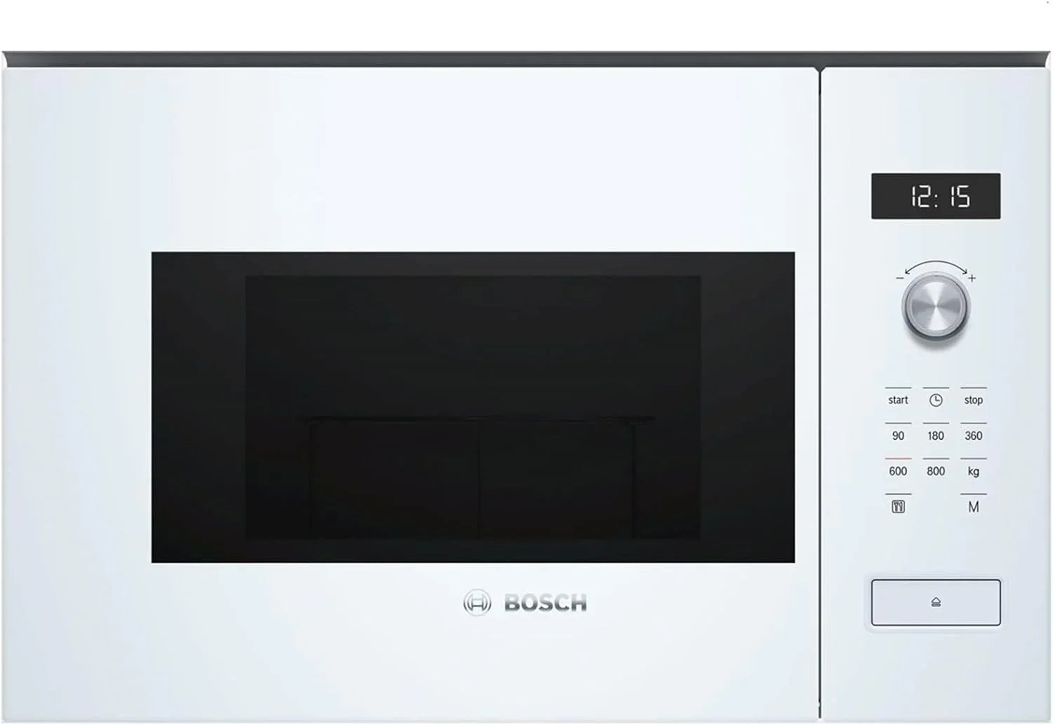 Bosch BFL524MW0 Serie 6 Einbau-Mikrowelle, 38 x 60 cm, 800 W, Drehteller 25,5 cm, Türanschlag Links, AutoPilot 7 7 Automatikprogramme, Reinigungsunterstützung, LED-Touchdisplay, Weiß