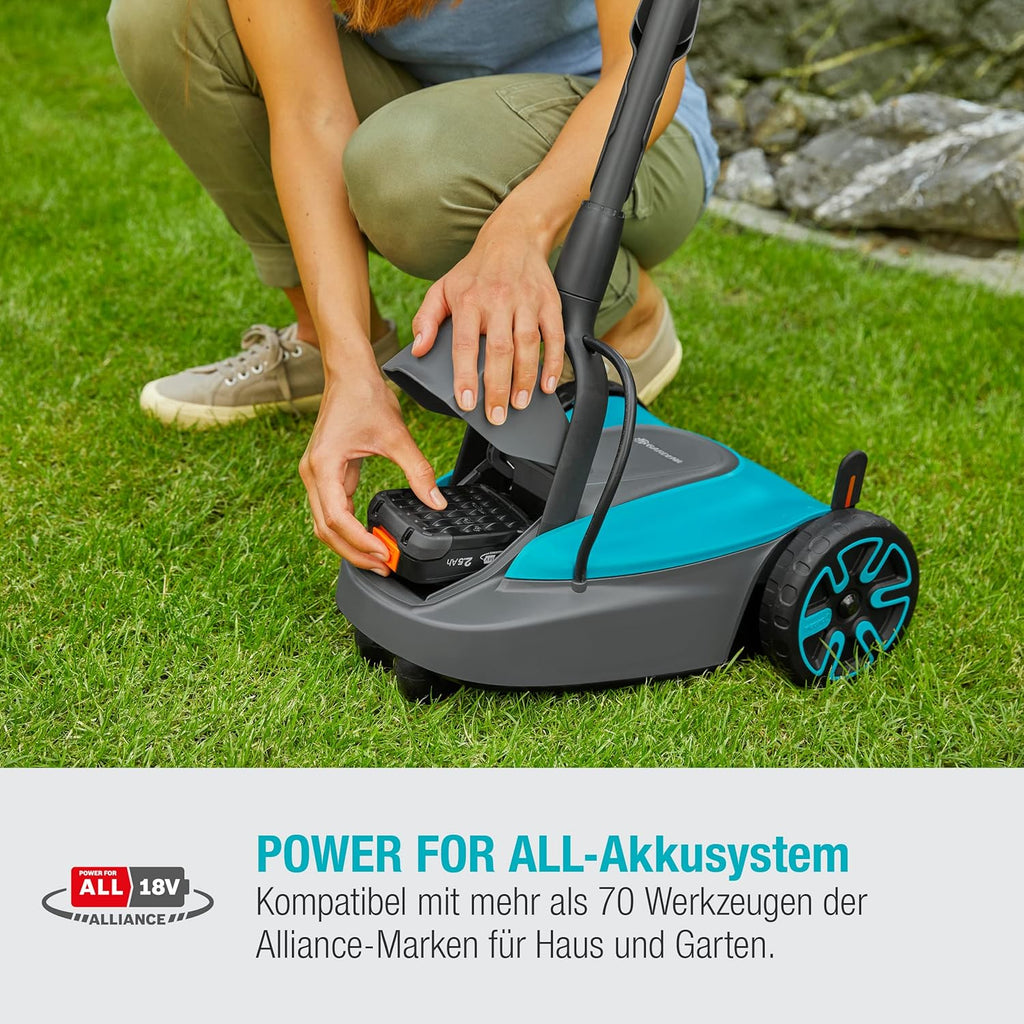 Gardena Akku-Rasenmäher HandyMower 22/18V P4A Ready-To-Use Set: Handrasenmäher, für Rasenflächen bis zu 50 m², Schnitthöhenverstellbar, inkl. 18V P4A Akku (14620-20)
