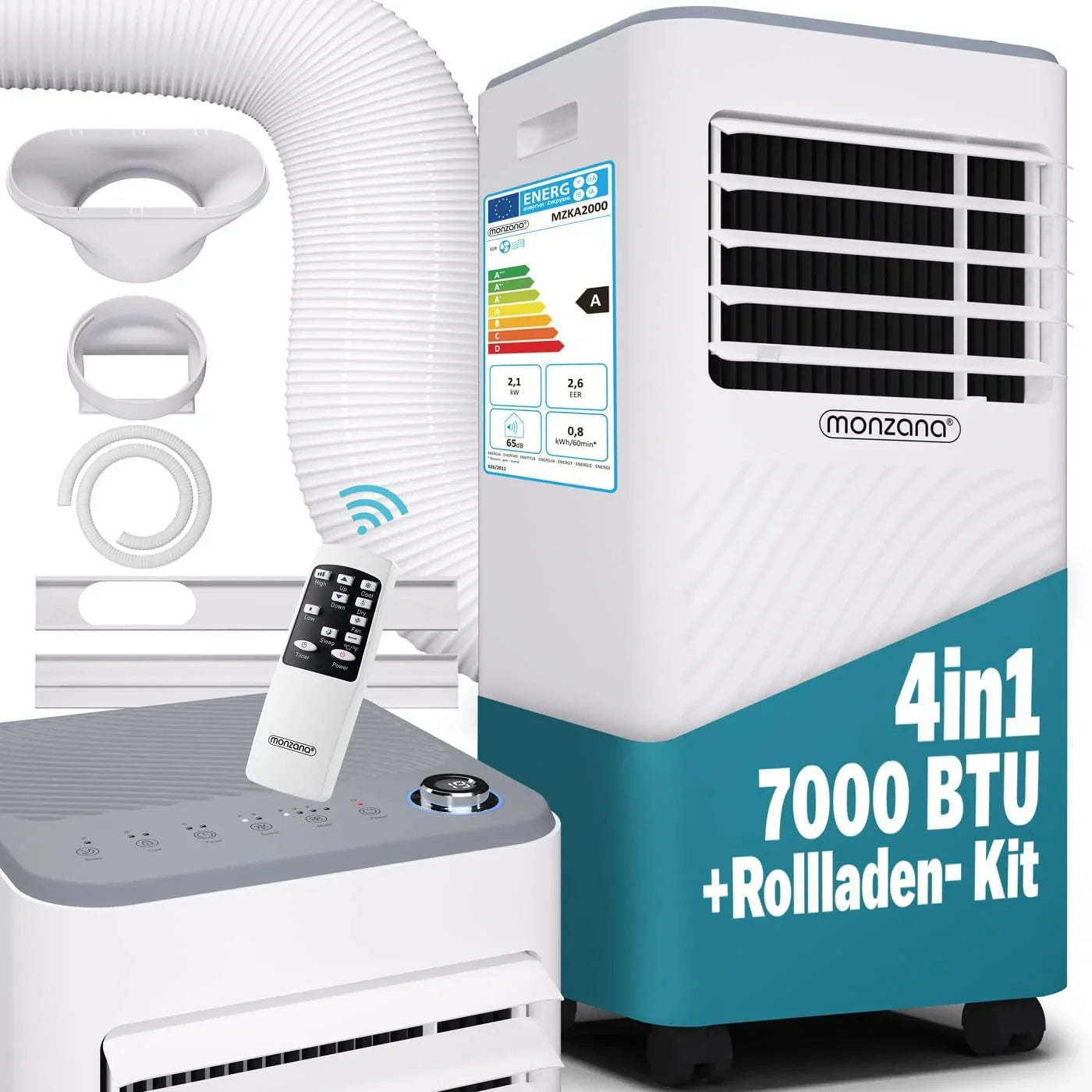 Monzana® lokale Klimaanlage MZKA2000 Mobil Abluftschlauch 7000BTU 3in1 750W 24h Timer 25qm Fernbedienung Luftentfeuchter Rollladenkit Klimagerät