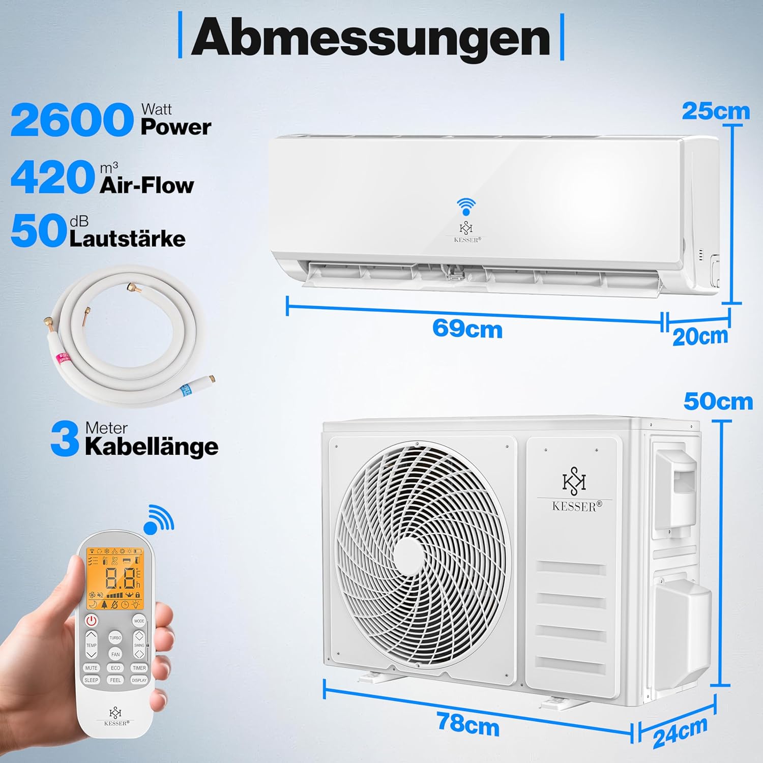 KESSER® Klimaanlage Set Split - mit WiFi/App Funktion Klimagerät - Kühlen A++/ Heizen A+ - 9000 BTU/h (2.600 Watt) Kältemittel R32 - Fernbedienung, Timerfunktion - Inkl. komplettem Montagematerial
