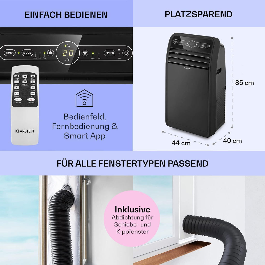 Klarstein Mobile Klimaanlage mit Abluftschlauch, 4-in-1 Klimagerät mit Ventilator, Luftentfeuchter & Nachtmodus, Kleine & Portable Klimaanlage für Wohnung & Büro, App-Steuerung, 12000 BTU