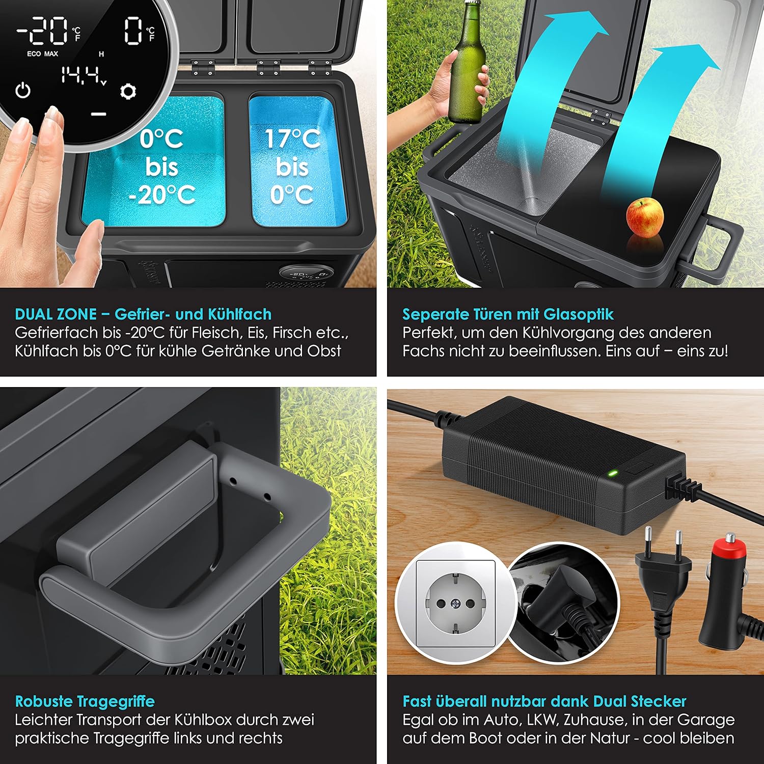 KESSER Kompressor Kühlbox 2in1 Doppelzone Kühl & Gefrierfach elektrische Gefrierbox mit 2x Kühlakkus & LED-Touch-Bedienung | Kühlschrank Kühlung bis -20 °C für Camping, Auto, Lkw 12/24V 230V