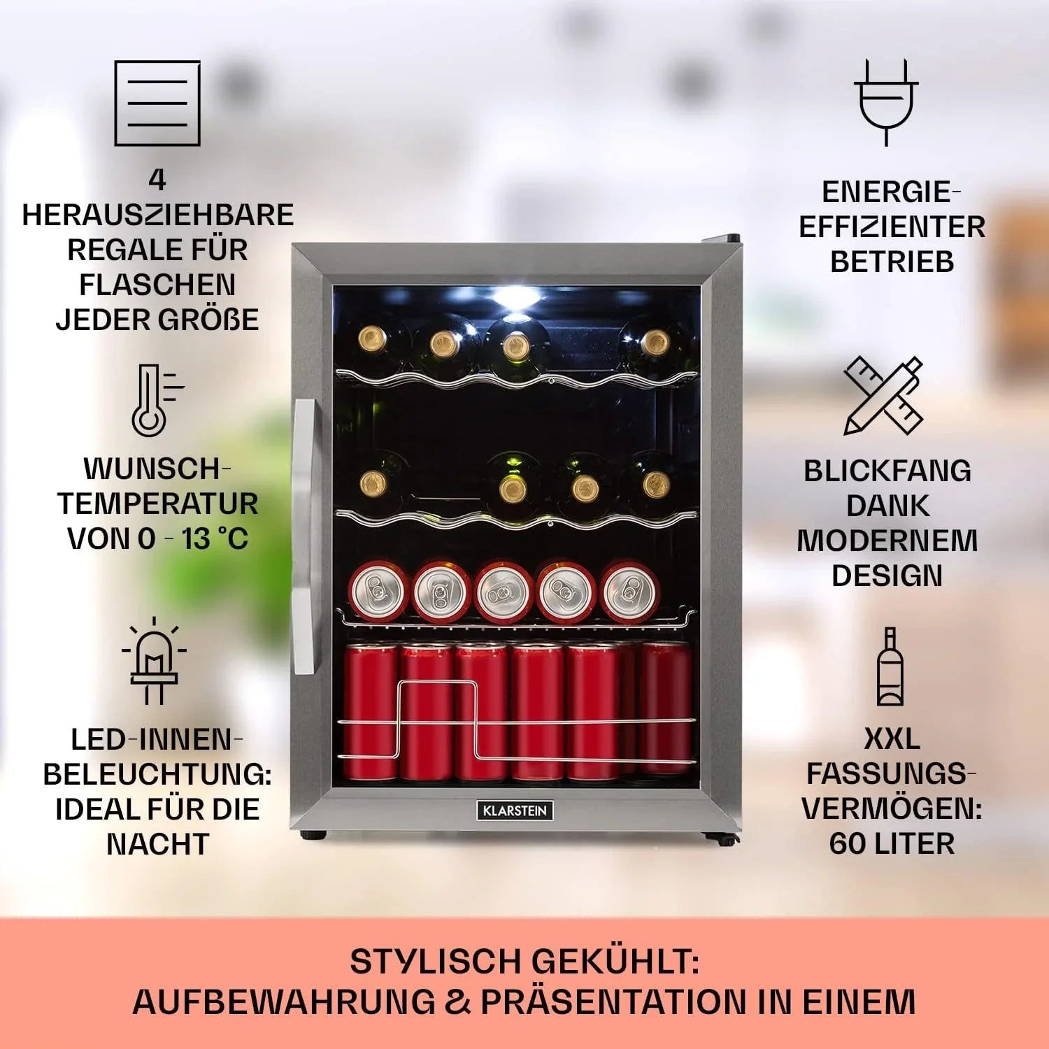 Klarstein Mini Kühlschrank mit Glastür für Zimmer, Getrnkekühlschrank mit Verstellbaren Ablagen, Kleiner 80 Liter, Indoor/Outdoor Kühlschrank Leise