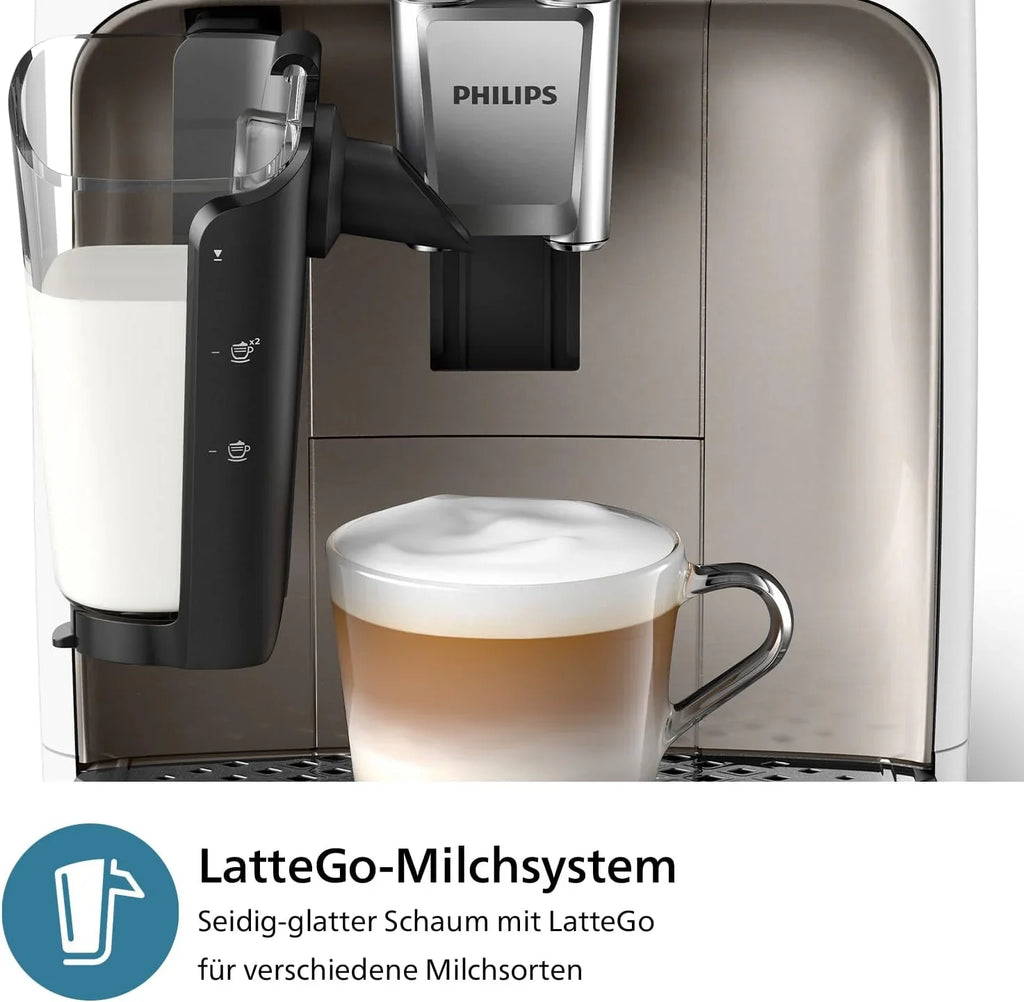 Philips 2300 Serie Vollautomatische Espressomaschine - 4 Getränke, modernes Farb-Touchscreen-Display, LatteGo-Milchsystem, SilentBrew, Keramikmahlwerk, AquaClean-Filter. Weißes Chrom (EP2333/40)