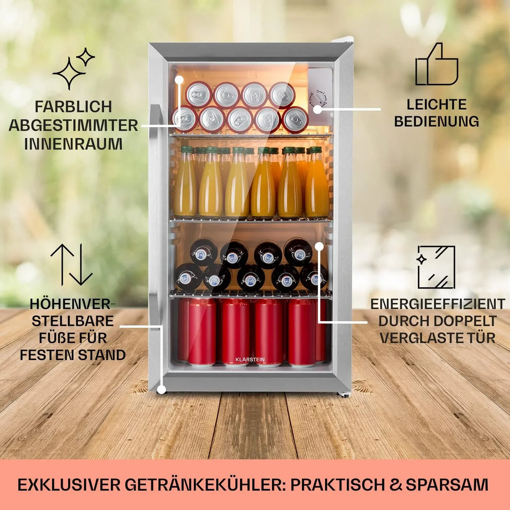 Klarstein Mini Kühlschrank mit Glastür für Zimmer, Getrnkekühlschrank mit Verstellbaren Ablagen, Kleiner 80 Liter, Indoor/Outdoor Kühlschrank Leise