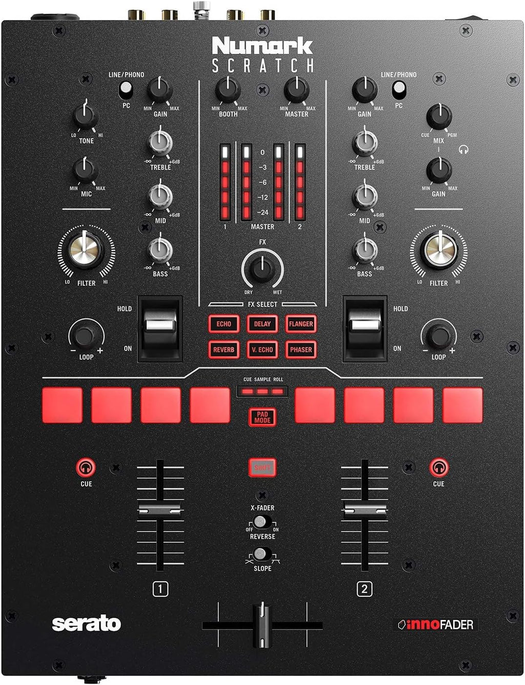 Numark Scratch - Zweikanal DJ Scratch Mixer mit Serato DJ Pro, Innofader Crossfader, DVS-Lizenz, 6 Direktzugriffseffektwählern und Performance Pads