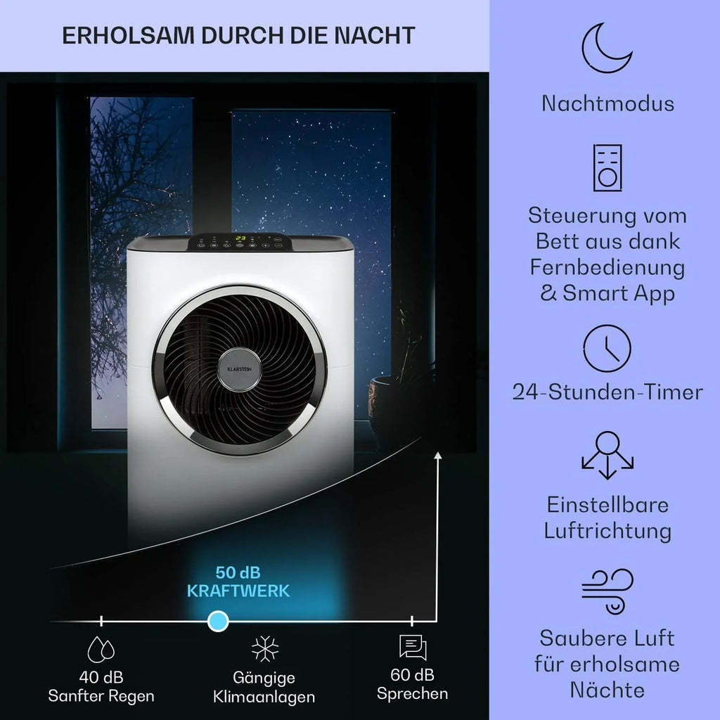 Klarstein Mobile Klimaanlage mit Abluftschlauch, 5-in-1 Klimagerät, Ventilator, Luftentfeuchter, Luftreiniger & Nachtmodus, App-Steuerung, Kleine & Portable, für Wohnung & Büro, 12000 BTU