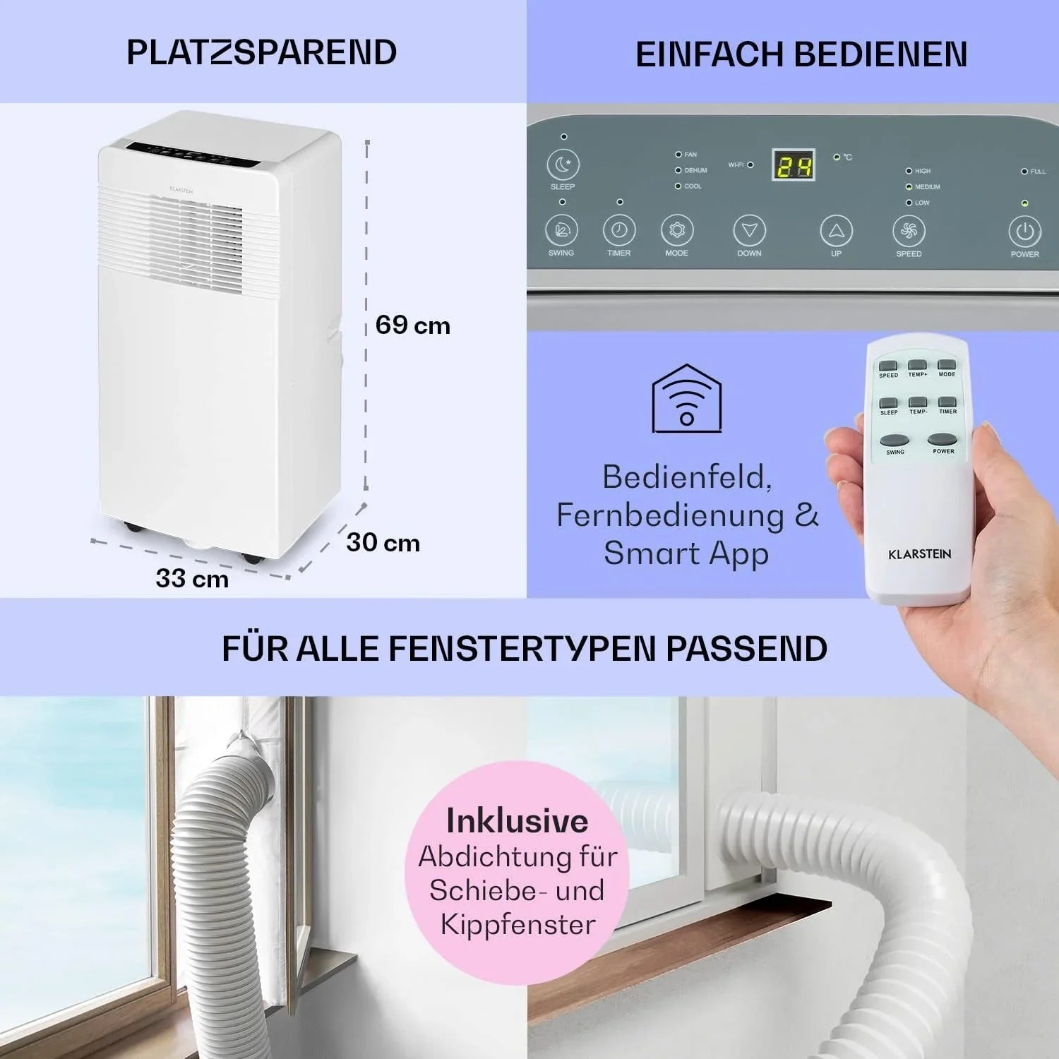 Klarstein Mobile Klimaanlage mit Abluftschlauch, 3-in-1 Klimagerät mit Ventilator, Luftentfeuchter & Nachtmodus, Kleine & Portable Klimaanlage für Wohnung & Büro, 12000 BTU Niedrig Verbrauch