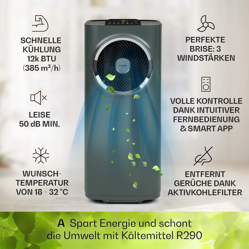 Klarstein Mobile Klimaanlage mit Abluftschlauch, 5-in-1 Klimagerät, Ventilator, Luftentfeuchter, Luftreiniger & Nachtmodus, App-Steuerung, Kleine & Portable, für Wohnung & Büro, 12000 BTU