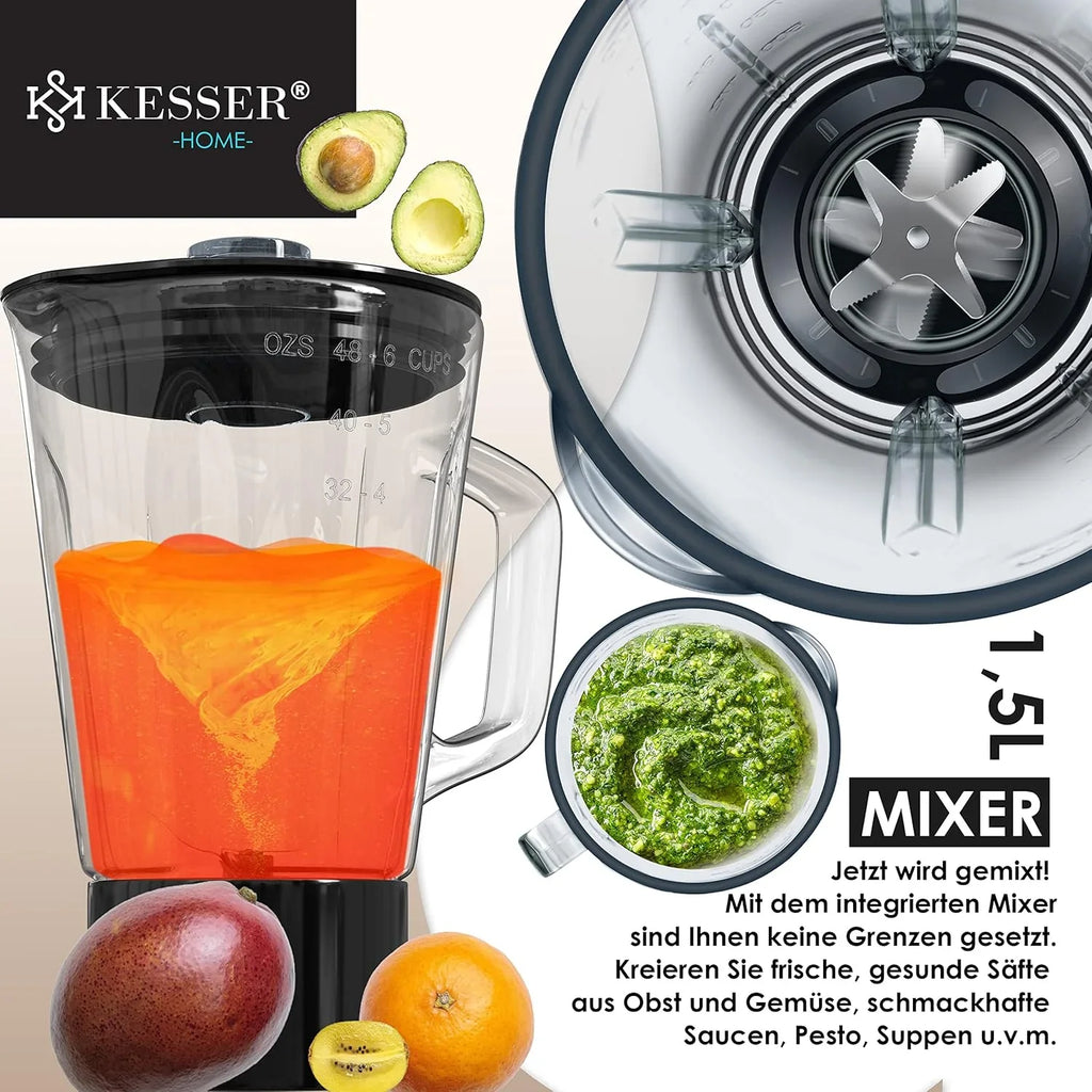 KESSER® 3 in 1 Universal Küchenmaschine K-KM 3000 mit Fleischwolf Knetmaschine Multifunktionale Rührmaschine 5,5L Schüssel mit 3 Rührwerkzeuge, 1,5L Entsafter, Zubehör-Set, Pasta & Gebäckformen