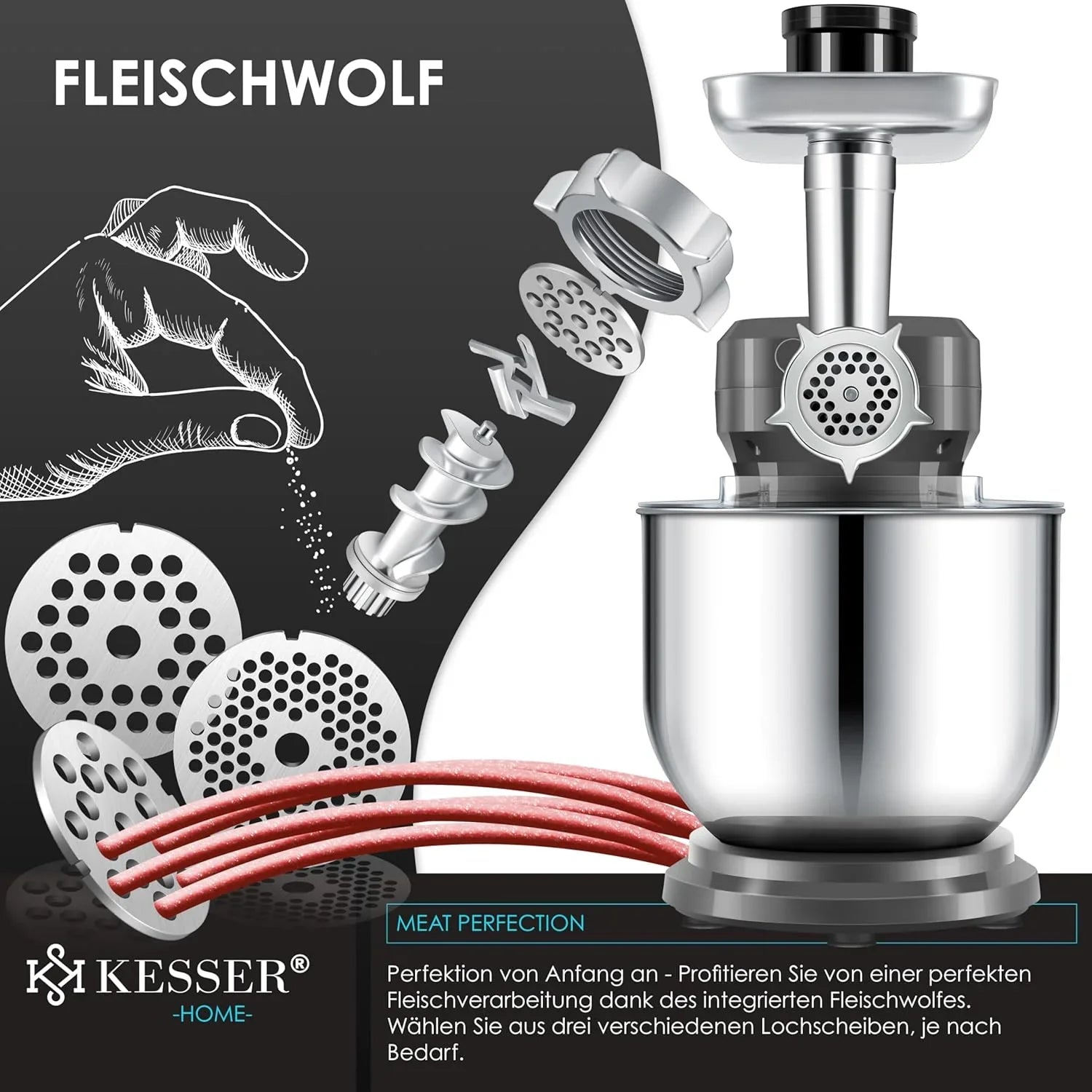 KESSER® 3 in 1 Universal Küchenmaschine K-KM 3000 mit Fleischwolf Knetmaschine Multifunktionale Rührmaschine 5,5L Schüssel mit 3 Rührwerkzeuge, 1,5L Entsafter, Zubehör-Set, Pasta & Gebäckformen