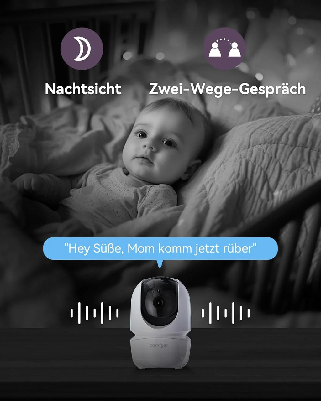 Comfyer Split-Screen Babyphone mit 2 Kameras, 7 HD 720P Video Babyphone ohne WLAN mit Halterung, IR-Nachtsicht Weitwinkelobjektiv Vox-Modus 2-Wege-Audio 960 Fuß Reichweite Videoüberwachungsgeräte