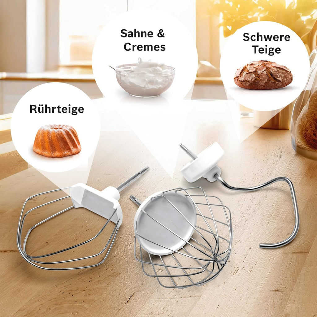 Bosch Küchenmaschine Serie 4 MUM56340, Schüssel 3,9 L, Mixer 1,25 L, Fleischwolf, Zitruspresse, Planetenrührwerk, Knethaken, Schlag-, Rührbesen, Durchlaufschnitzler, 3 Scheiben, 900 W, Silber/ Grau