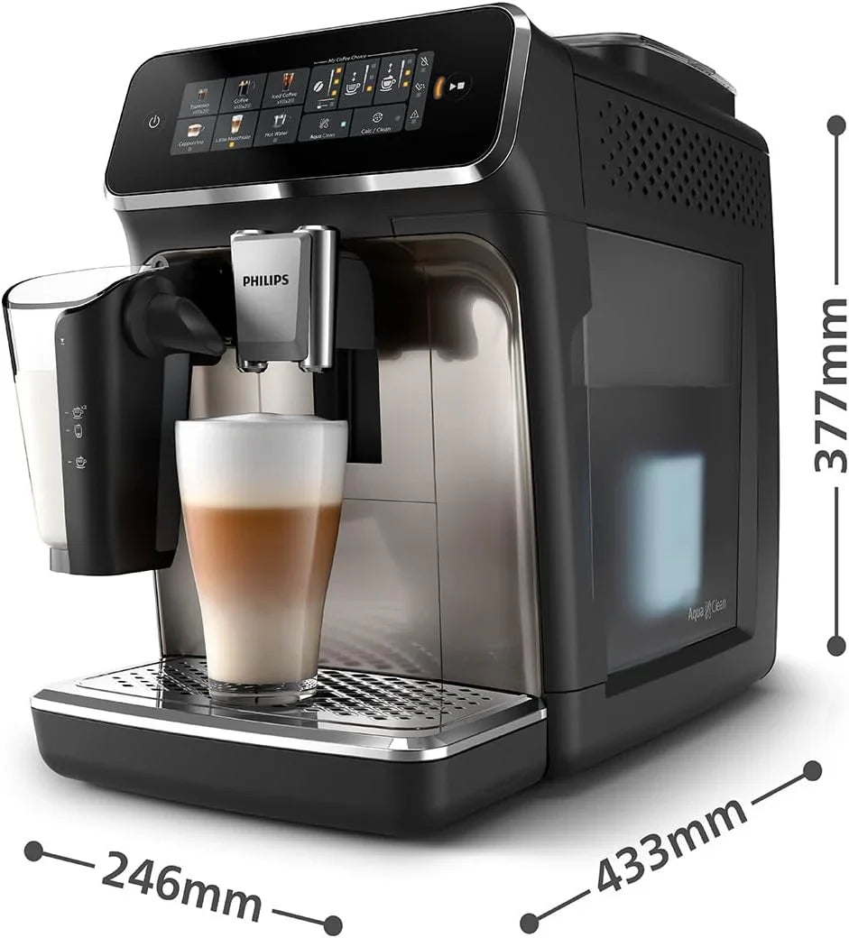 Philips 2300 Serie Vollautomatische Espressomaschine - 4 Getränke, modernes Farb-Touchscreen-Display, LatteGo-Milchsystem, SilentBrew, Keramikmahlwerk, AquaClean-Filter. Weißes Chrom (EP2333/40)