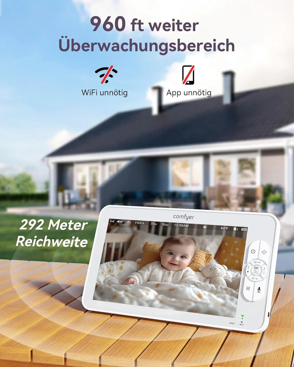 Comfyer Split-Screen Babyphone mit 2 Kameras, 7 HD 720P Video Babyphone ohne WLAN mit Halterung, IR-Nachtsicht Weitwinkelobjektiv Vox-Modus 2-Wege-Audio 960 Fuß Reichweite Videoüberwachungsgeräte