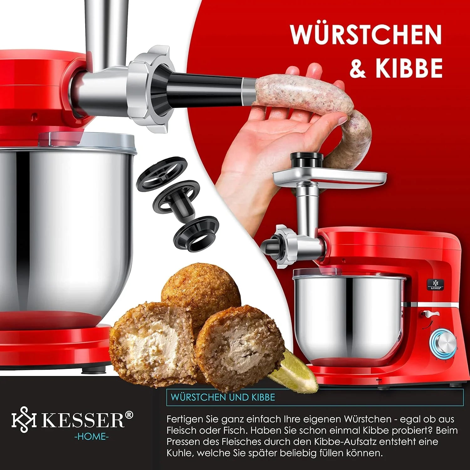 KESSER® 3 in 1 Universal Küchenmaschine K-KM 3000 mit Fleischwolf Knetmaschine Multifunktionale Rührmaschine 5,5L Schüssel mit 3 Rührwerkzeuge, 1,5L Entsafter, Zubehör-Set, Pasta & Gebäckformen