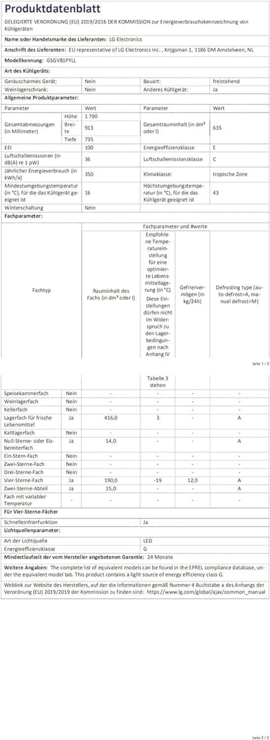 LG GSGV81PYLL Side by Side Kühlschrank, Klasse E, 635 L, Instaview, Kühlschrank mit Gefrierfach, Eis-, Crushed Ice- Wasserspender, Total NoFrost, Smart Inverter Kompressor, Wi-Fi