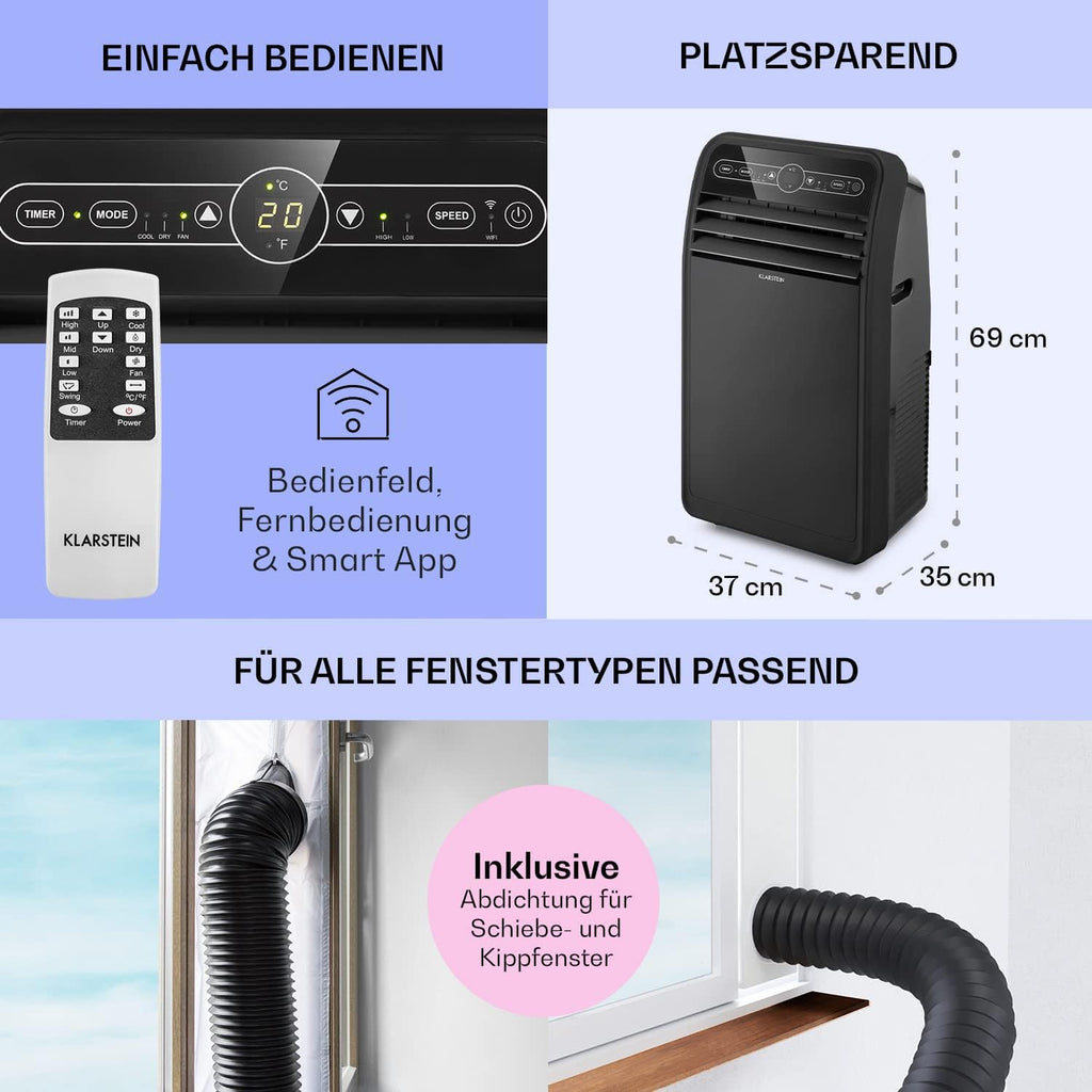 Klarstein Mobile Klimaanlage mit Abluftschlauch, 4-in-1 Klimagerät mit Ventilator, Luftentfeuchter & Nachtmodus, Kleine & Portable Klimaanlage für Wohnung & Büro, App-Steuerung, 12000 BTU
