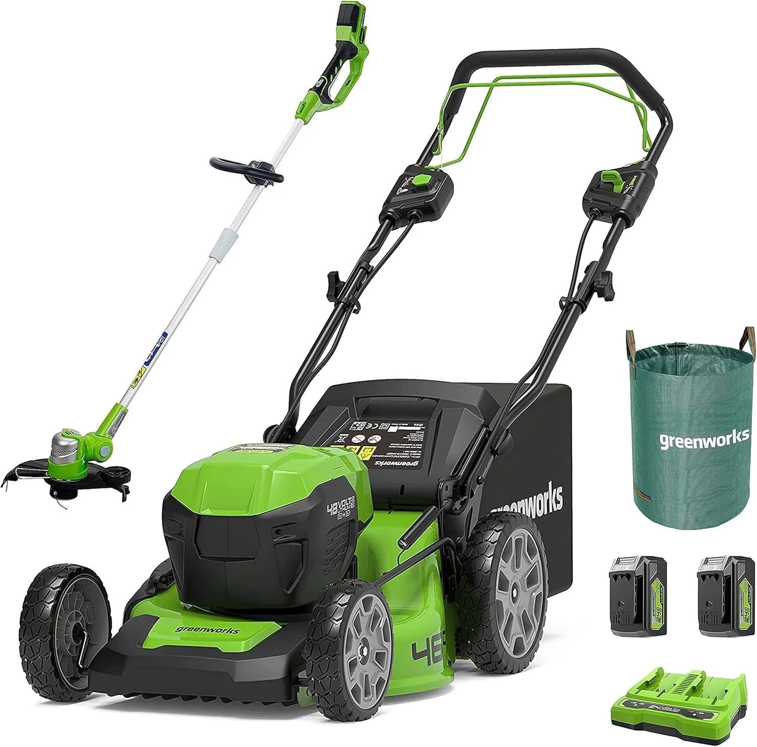 Greenworks 48V (2x24V) Selbstfahrender Akku Rasenmher für groe Flchen bis zu 480m, 46cm Schnittbreite, 55L Sack PLUS zwei 4Ah-Akkus und Doppelladegert GD24X2LM46SPK4X