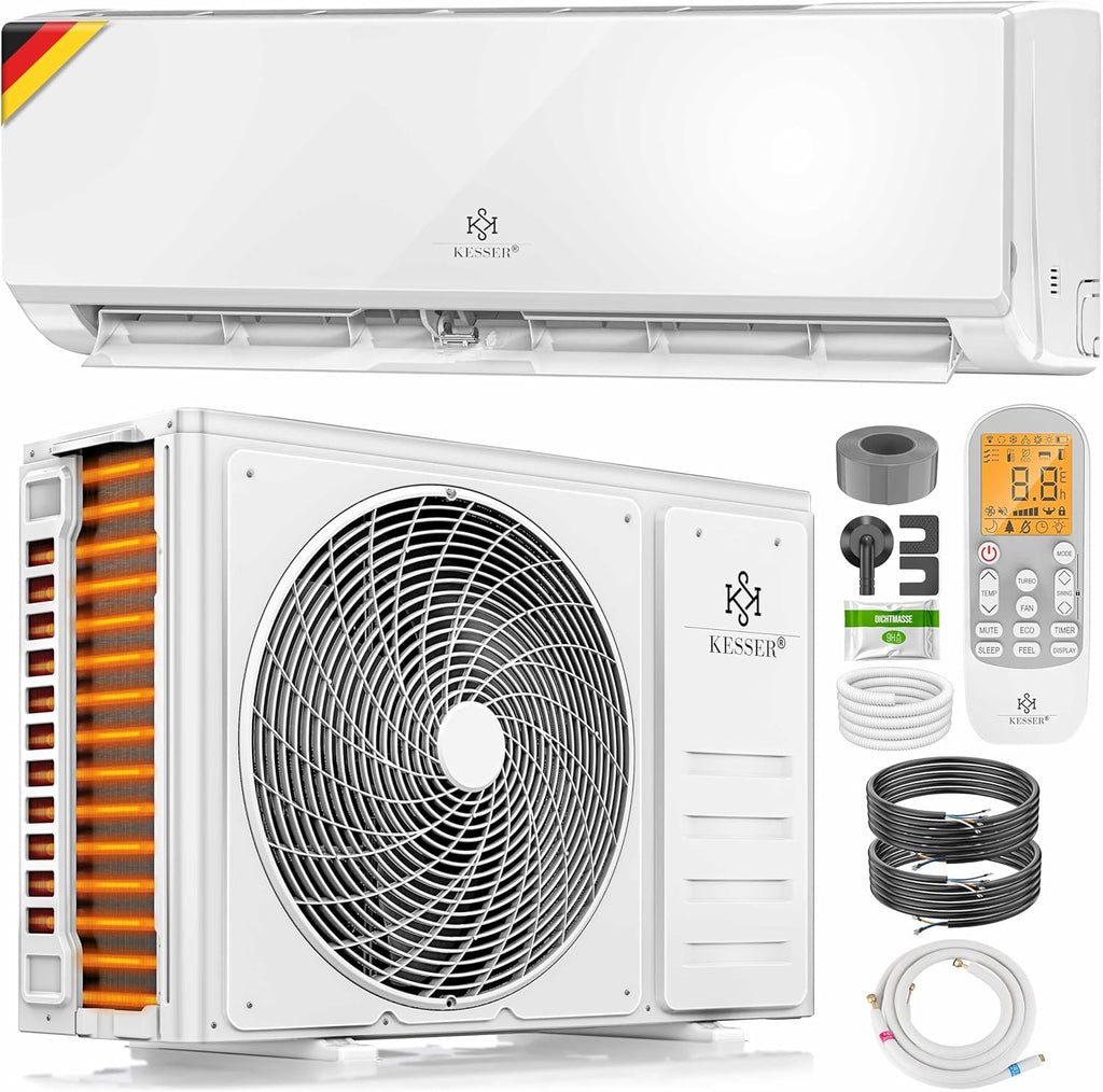 KESSER® Klimaanlage Set Split - mit WiFi/App Funktion Klimagerät - Kühlen A++/ Heizen A+ - 9000 BTU/h (2.600 Watt) Kältemittel R32 - Fernbedienung, Timerfunktion - Inkl. komplettem Montagematerial