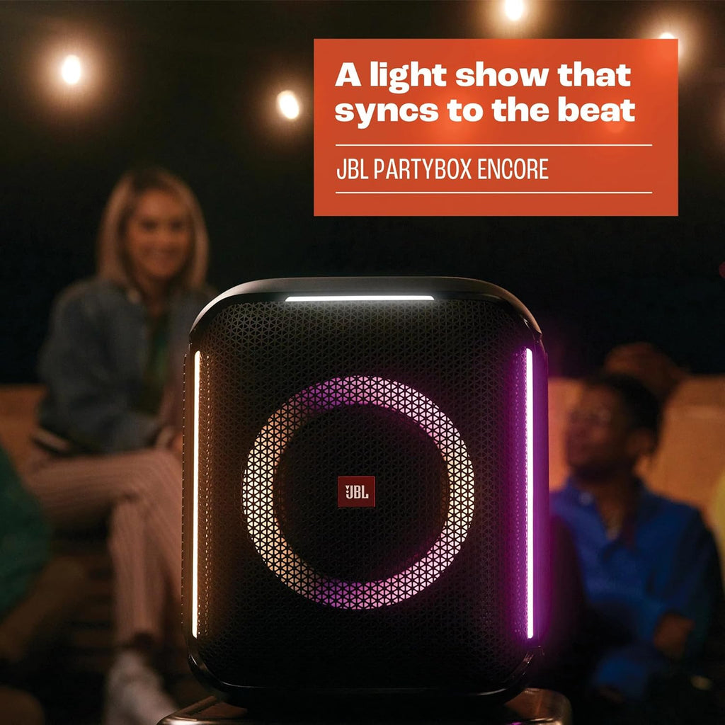 JBL PartyBox Encore – Tragbarer Party-Lautsprecher für drinnen und draußen – Mit eingebauten Lichtern, IPX4-Design und tiefem Bass – 10 Stunden Laufzeit – Schwarz