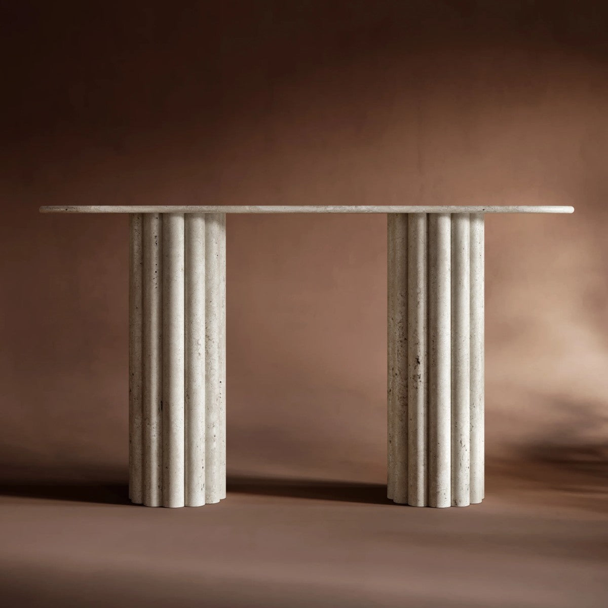 Console Ovale en Pierre de Travertin - Base Colonne à Rainures Verticales - 170 cm