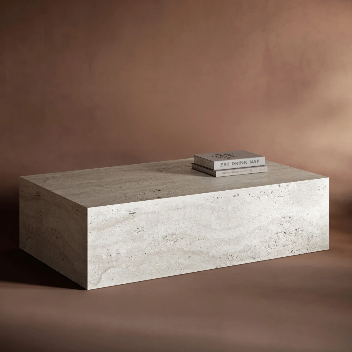 Table Basse en Pierre de Travertin et Bois de Teck - Design Rond - Travertin Clair