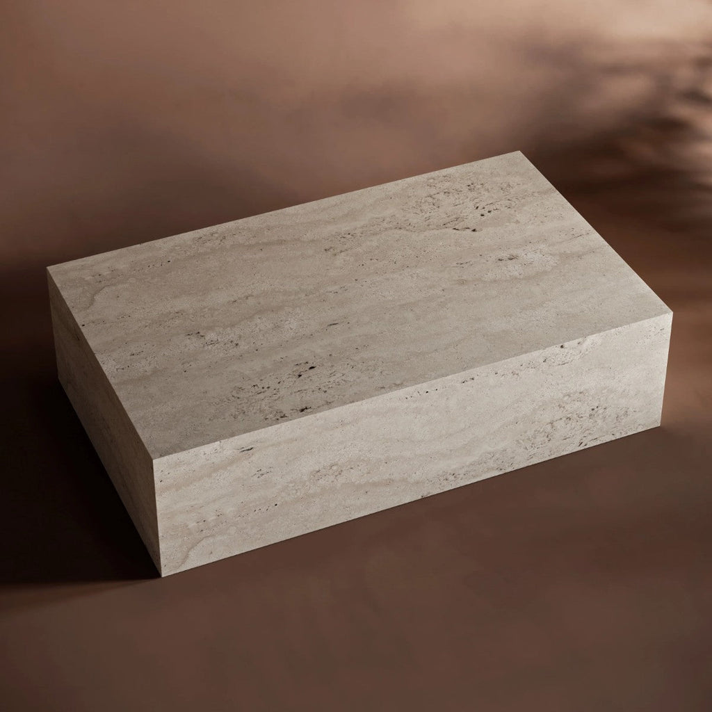 Table Basse en Pierre de Travertin et Bois de Teck - Design Rond - Travertin Foncé