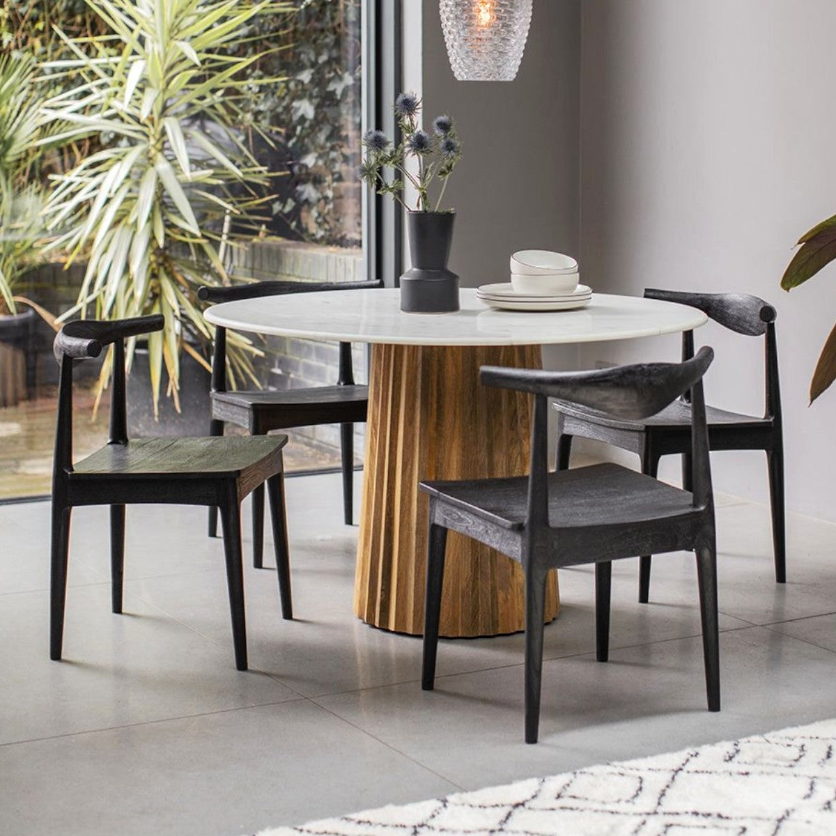 Table à Manger Ronde Bois de Mangue Massif avec Plateau Marbre 120cm