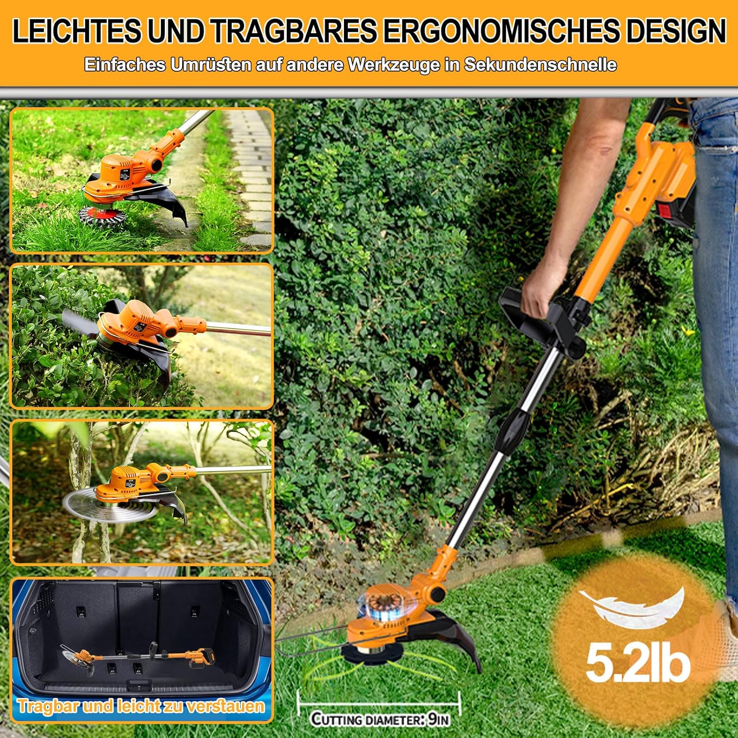 Akku Rasentrimmer mit Akku und Unkrautbürste 4 in 1 Freischneider mit Unkrautbürste 21V Bürstenloser Freischneider, Elektro Motorsense mit 2 Akku 4.0Ah und Ladegerät Teleskop, Verstellbarer, Orange