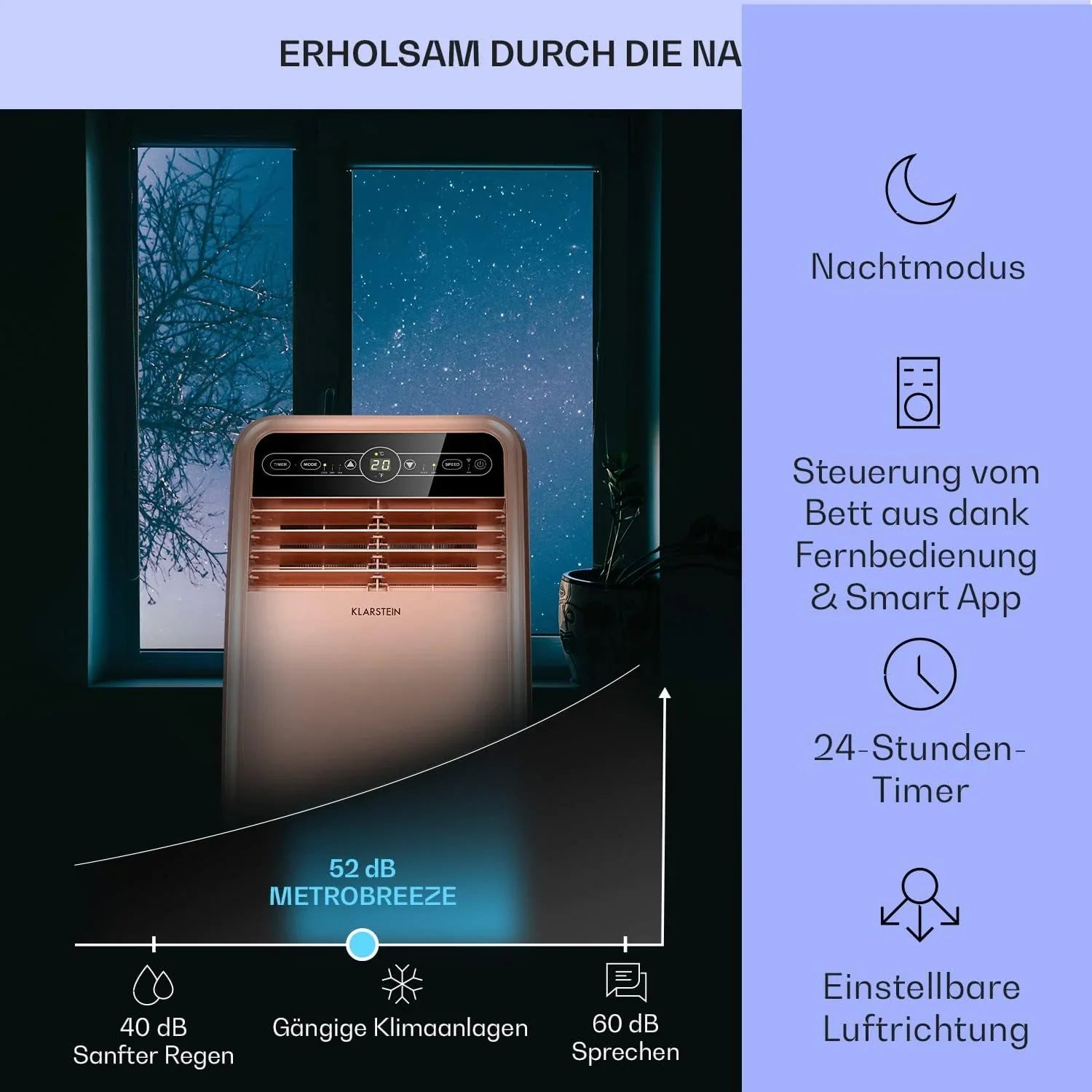 Klarstein Mobile Klimaanlage mit Abluftschlauch, 4-in-1 Klimagerät mit Ventilator, Luftentfeuchter & Nachtmodus, Kleine & Portable Klimaanlage für Wohnung & Büro, Niedriger Verbrauch, 9000 BTU
